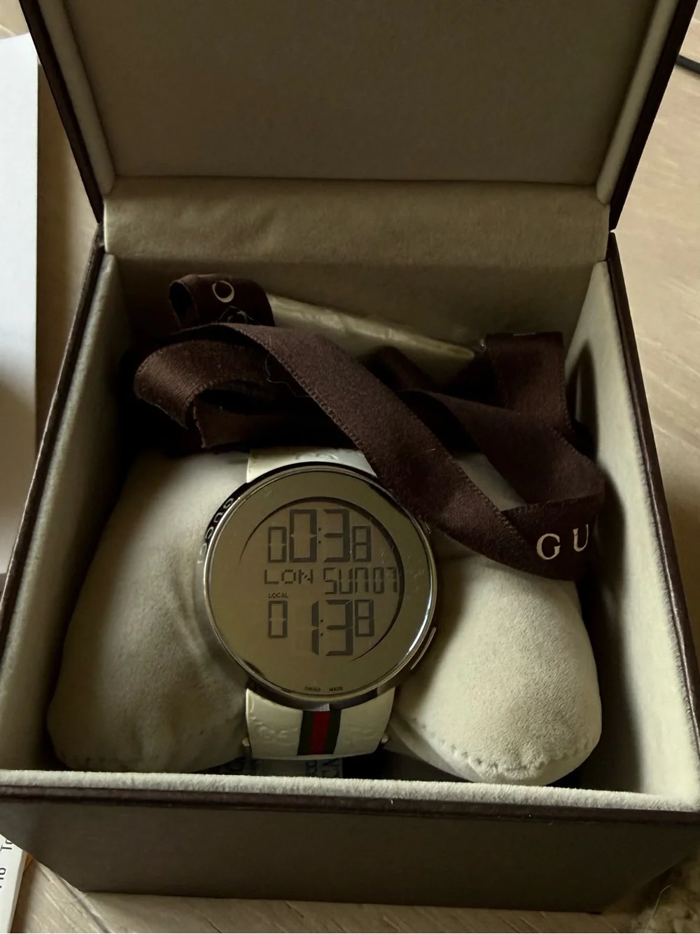 Gucci White Digital Round Watch with Green-Red Web Stripe